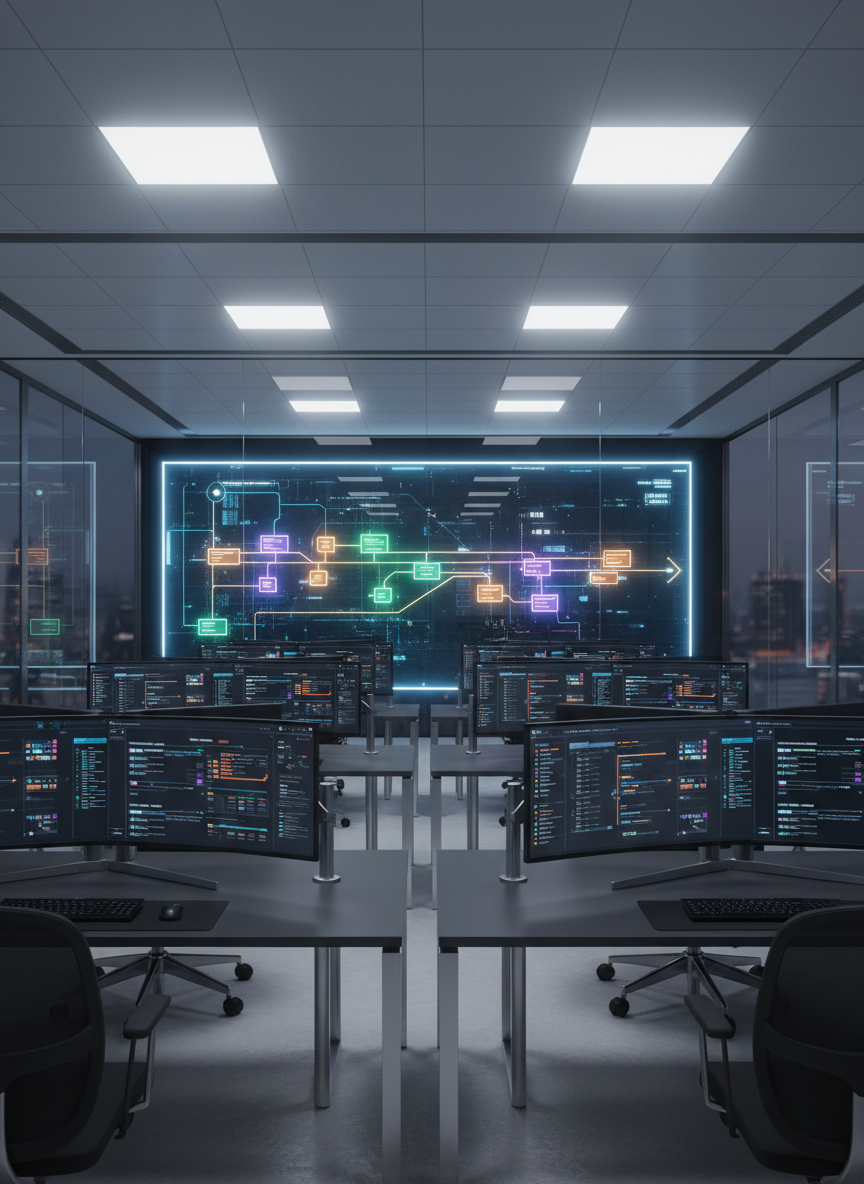 A sleek, glass-walled operations room filled with long, matte-black workstations, each displaying large ultrawide monitors showing clean, colorful workflow diagrams and automation dashboards. In the center, a glowing digital process map stretches across a wall-sized screen, illustrating tasks flowing smoothly from left to right. Cool, diffused overhead office lighting reflects softly on brushed metal surfaces, creating a crisp, professional atmosphere. Shot at eye level with sharp focus throughout, the composition emphasizes order and clarity. The photographic realism and minimalist, modern aesthetic convey a sense of precise control, intelligent systems in action, and complex workflows being elegantly orchestrated and simplified.