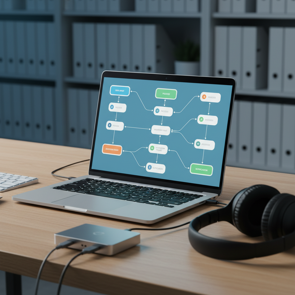 A close-up, photographic view of a high-end laptop on a tidy oak desk, its screen filled with an AI-driven workflow builder: interconnected nodes, decision points, and automation triggers arranged in a clean, intuitive interface. Around the laptop, subtle tech elements—wireless keyboard, noise-cancelling headset, compact docking station—hint at a modern digital workplace. Soft, cool-toned studio lighting from the left creates gentle reflections on the aluminum laptop body and a faint glow on the desk surface. The background fades into a tasteful blur of shelves with neatly arranged binders. Composed using the rule of thirds with a shallow depth of field, the mood is focused, efficient, and professional, highlighting software that turns complexity into simple, repeatable processes.