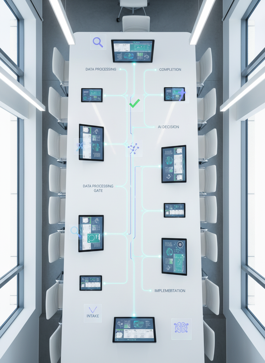 An overhead photographic shot of a long white conference table transformed into a visual workflow map. On the tabletop, sleek tablets and monitors display synchronized automation dashboards, while thin, glowing LED lines are projected between devices, forming a clear, linear process flow from intake to completion. Subtle holographic-style icons float above the table, representing tasks, approvals, and AI decision points. The room is bright with diffused daylight from large windows, balanced by cool recessed ceiling lights, creating minimal shadows and a clean, high-tech feel. The composition is symmetrical with strong leading lines, evoking precision, collaboration, and the streamlining of complex enterprise workflows into a single unified system.